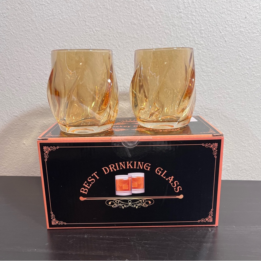 MCM Amber Twisted Whiskey Glasses - Set of 2 - Spiral Lowball Rocks Glass in Box